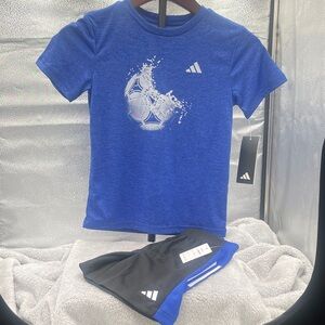Blue Soccer Graphic Tee and Black Shorts Set size 6